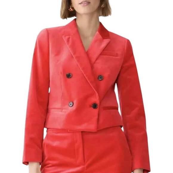 J Crew Blazer WMNS 12 Red Velvet Cropped Double Breasted BV217 Peak Lapel Bright - Picture 1 of 13